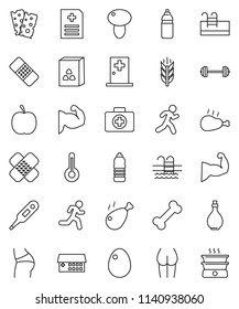 thin line vector icon set - oil vector, cereal, egg, mushroom, chicken leg, diet, barbell, muscule hand, buttocks, water bottle, cereals, breads, pool, first aid kit, bone, run, thermometer, patch