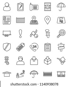 thin line vector icon set - signpost vector, navigator, map pin, attention, satellite, phone, 24, support, truck trailer, sea container, receipt, clipboard, cargo, umbrella, dry, no hook, package