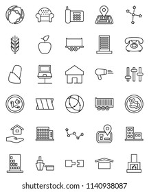 thin line vector icon set - house hold vector, apple fruit, constellation, cereals, navigator, phone, truck trailer, port, dry cargo, settings, microbs, bandage, connection, notebook network, home