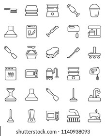 thin line vector icon set - plunger vector, vacuum cleaner, fetlock, mop, bucket, sponge, car, washing powder, water tap, spatula, microwave oven, double boiler, blender, dishwasher, mixer, hood