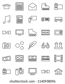 thin line vector icon set - welcome mat vector, pen, blackboard, glasses, calculator, music, cash, roller Skates, money, dry cargo, top sign, film frame, monitor, mail, share, bench, connection