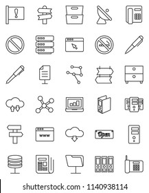 thin line vector icon set - pen vector, archive, laptop graph, binder, prohibition sign, no smoking, signpost, attention, satellite antenna, newspaper, network, folder, server, cloud exchange, open