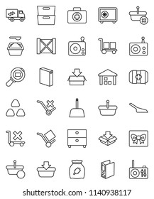 thin line vector icon set - scoop vector, washing powder, cereal, archive, binder, safe, first aid kit, wood box, cargo, no trolley, warehouse, search, radio, relocation truck, gift, basket, package