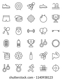 thin line vector icon set - award cup vector, target, barbell, weight, jump rope, punching bag, fitball, muscule hand, snickers, boxing glove, shorts, skateboard, medal, sports nutrition, pool, hoop