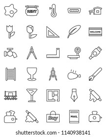 thin line vector icon set - water tap vector, splotch, welcome mat, washboard, rolling pin, thermometer, chicken leg, pen, corner ruler, drawing compass, Railway carriage, glass, tulip, big scales