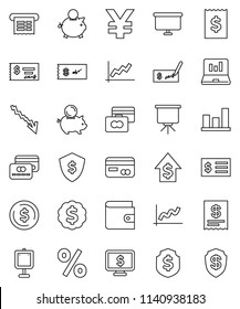thin line vector icon set - presentation vector, dollar coin, graph, laptop, credit card, wallet, crisis, piggy bank, growth, check, receipt, board, medal, shield, monitor, yen sign, percent