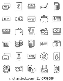 thin line vector icon set - credit card vector, cash, coin stack, check, receipt, dollar calendar, money, wallet, reader, tap pay