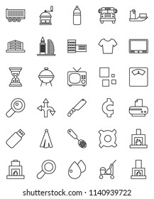 thin line vector icon set - cleaner trolley vector, towel, skimmer, knife, hand mill, bbq, school building, bus, sand clock, any currency, cent sign, scales, t shirt, water bottle, route, ship, tv