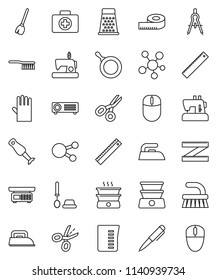 thin line vector icon set - broom vector, fetlock, iron, toilet brush, rubber glove, pan, measuring cup, grater, blender, ruler, drawing compass, pen, scissors, first aid kit, social media, coupon