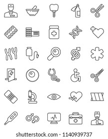 thin line vector icon set - school building vector, doctor bag, ambulance star, disabled, heart pulse, cross, thermometer, eye, gender sign, dna, magnifier, scissors, patch, stethoscope, blister