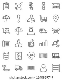 thin line vector icon set - navigator vector, map pin, Railway carriage, attention, plane, satellite, traffic light, phone, 24, support, client, sea container, delivery, car, calendar, receipt, hook