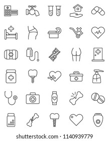 thin line vector icon set - water tap vector, liquid soap, house hold, pills vial, buttocks, heart monitor, first aid kit, no trolley, doctor bag, pulse, crutches, broken bone, stethoscope, bottle