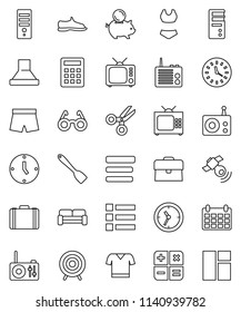 thin line vector icon set - spatula vector, glasses, scissors, piggy bank, case, clock, calendar, snickers, shorts, swimsuite, t shirt, target, radio, satellitie, tv, menu, cushioned furniture, hood