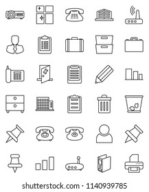 thin line vector icon set - trash bin vector, shining window, pencil, case, clipboard, paper pin, archive, manager, binder, phone, sorting, classic, thumbtack, medical room, router, user, apartments