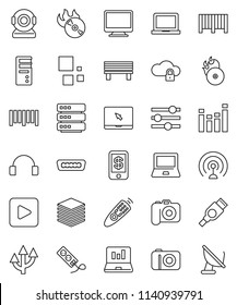 thin line vector icon set - notebook pc vector, laptop graph, barcode, music hit, camera, antenna, equalizer, remote control, headphones, play button, hdmi, cloud lock, big data, bench, loading, web