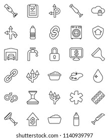 thin line vector icon set - scraper vector, water drop, car fetlock, washer, foam basin, blender, dollar growth, monitor, bottle, route, ambulance star, gender sign, pills blister, cloud lock, chain