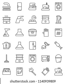 thin line vector icon set - plunger vector, water tap, vacuum cleaner, fetlock, mop, bucket, sponge, rubber glove, microwave oven, double boiler, blender, fridge, washer, dishwasher, coffee maker