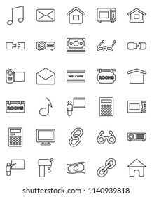 thin line vector icon set - welcome mat vector, microwave oven, blackboard, glasses, calculator, music, cash, money, dry cargo, monitor, link, mail, connection, water supply, rooms signboard, home