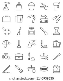 thin line vector icon set - plunger vector, broom, water tap, fetlock, bucket, car, toilet brush, pan, kettle, measuring cup, cook press, spatula, ladle, sieve, case, hand trainer, umbrella, scalpel