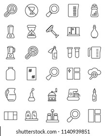 thin line vector icon set - scraper vector, window cleaning, shining, oil, measuring cup, hand mill, spices, jug, jar, magnifier, no alcohol sign, flask, vial, sand clock, potion, cloud glass