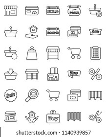 thin line vector icon set - house hold vector, cart, credit card, office, cargo search, rooms signboard, sold, low price, sale, new, shopping bag, percent, market, store, buy, barcode, basket, list