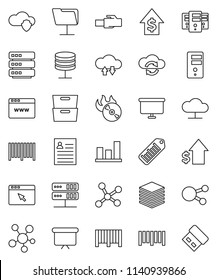 thin line vector icon set - archive vector, personal information, graph, dollar growth, presentation board, barcode, music hit, social media, network, folder, server, cloud, shield, exchange, usb