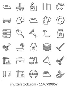 thin line vector icon set - scraper vector, vacuum cleaner, rake, iron, steaming, student, money bag, case, horizontal bar, big scales, group, vial, scissors, data, gear, bench, construction crane