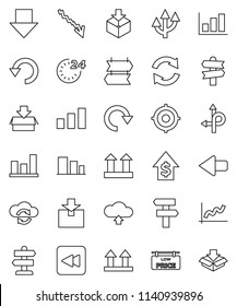 thin line vector icon set - graph vector, crisis, dollar growth, target, arrow down, route, signpost, top sign, package, sorting, backward button, cloud exchange, refresh, redo, undo, upload