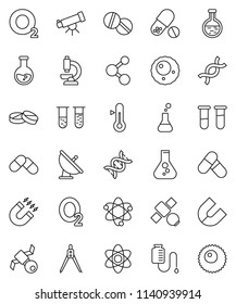 thin line vector icon set - thermometer vector, drawing compass, atom, telescope, magnet, flask, pills, molecule, oxygen, satellite, antenna, vial, dna, microscope, drop counter, ovule