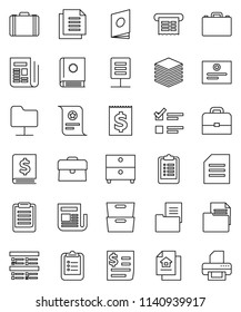 thin line vector icon set - case vector, clipboard, certificate, document, archive, exam, annual report, receipt, newspaper, network folder, big data, estate, catalog, printer