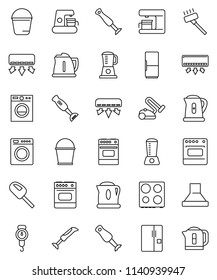 thin line vector icon set - vacuum cleaner vector, bucket, kettle, scales, oven, blender, air conditioner, fridge, washer, coffee maker, hood