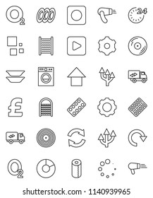 thin line vector icon set - washboard vector, toilet paper, plates, pie graph, arrow up, pound, oxygen, disk, play button, rec, pills blister, gear, refresh, redo, loading, route, relocation truck