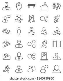 thin line vector icon set - student vector, manager, man, horizontal bar, stairways run, client, speaking, social media, group, doctor, gender sign, head bandage, medical room, share, login