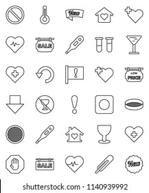 thin line vector icon set - sieve vector, arrow down, heart pulse, prohibition sign, no alcohol, cross, attention, glass, rec button, thermometer, vial, undo, stop, sale signboard, low price, new