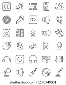 thin line vector icon set - disk vector, music hit, microphone, speaker, loudspeaker, settings, headphones, pause button, forward, rec, rca, jack, equalizer