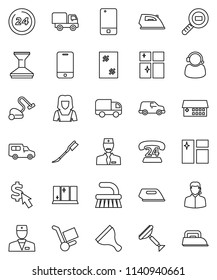 thin line vector icon set - scraper vector, vacuum cleaner, fetlock, car, window cleaning, iron, shining, woman, dollar cursor, phone 24, cargo search, mobile, doctor, hospital building, hour