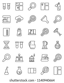 thin line vector icon set - scraper vector, window cleaning, shining, measuring cup, hand mill, spices, jug, magnifier, flask, cargo search, vial, sand clock, potion, cloud glass, estate, client