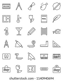 thin line vector icon set - splotch vector, welcome mat, washboard, rolling pin, thermometer, chicken leg, pen, pencil, corner ruler, drawing compass, glass, tulip, big scales, Railway carriage, buy