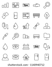 thin line vector icon set - water drop vector, percent growth, consolidated cargo, top sign, sorting, classic phone, magnifier, dropper, broken bone, counter, network folder, lan connector, bench