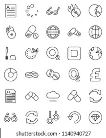 thin line vector icon set - toilet brush vector, glasses, personal information, pie graph, pound, pills, gymnast rings, oxygen, earth, music hit, stop button, cloud network, refresh, undo, loading
