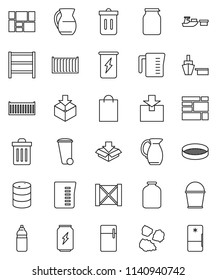 thin line vector icon set - bucket vector, trash bin, garbage pile, measuring cup, jug, sieve, jar, enegry drink, water bottle, sea container, port, wood box, consolidated cargo, package, oil barrel