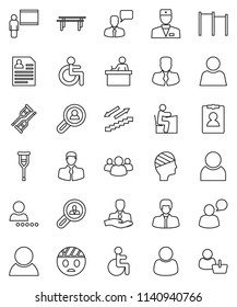 thin line vector icon set - blackboard vector, student, manager, personal information, horizontal bar, stairways run, client, speaking man, group, disabled, doctor, crutches, head bandage, user