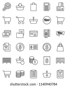 thin line vector icon set - dollar coin vector, cart, credit card, stack, receipt, estate document, search, new, shopping bag, barcode, reader, basket, list