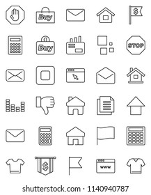 thin line vector icon set - calculator vector, flag, arrow up, dollar, document, equalizer, finger down, mail, stop button, browser, home, loading, house, buy, clothes