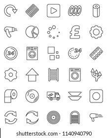 thin line vector icon set - washboard vector, toilet paper, plates, pie graph, arrow up, pound, disk, play button, rec, pills blister, gear, refresh, redo, loading, route, relocation truck, 24 hour