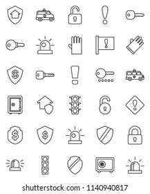 thin line vector icon set - rubber glove vector, dollar shield, safe, attention, traffic light, amkbulance car, unlock, key, sign, siren, lock, home protect, password