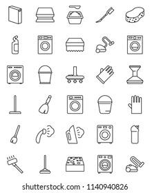 thin line vector icon set - broom vector, vacuum cleaner, mop, bucket, sponge, car fetlock, steaming, washer, washing powder, cleaning agent, rubber glove
