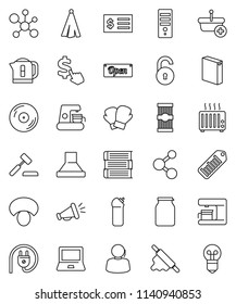 thin line vector icon set - washing powder vector, cleaning agent, towel, rolling pin, jar, pasta, mushroom, book, notebook pc, molecule, receipt, dollar cursor, boxing glove, support, barcode, disk