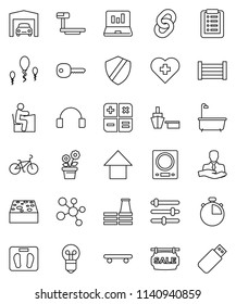 thin line vector icon set - sponge vector, bath, student, laptop graph, arrow up, scales, stopwatch, bike, skateboard, molecule, heart cross, client, port, wood box, big, headphones, sperm, shield