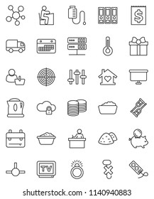 thin line vector icon set - foam basin vector, garbage pile, student, backpack, piggy bank, coin stack, binder, presentation board, target, calendar, receipt, no hook, settings, tv, social media